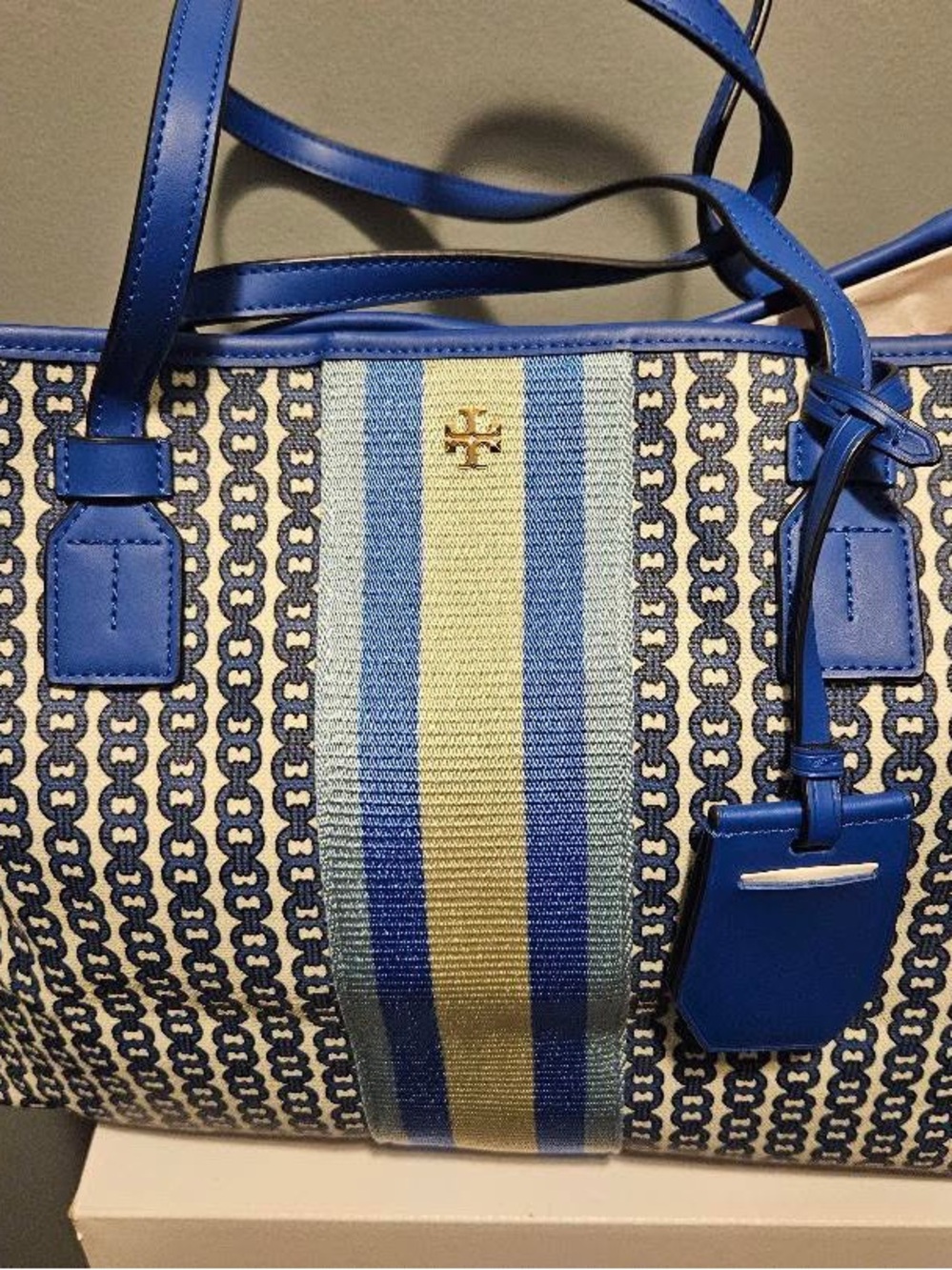 Tory Burch Blue and Cream Striped Chain-Print Canvas Tote